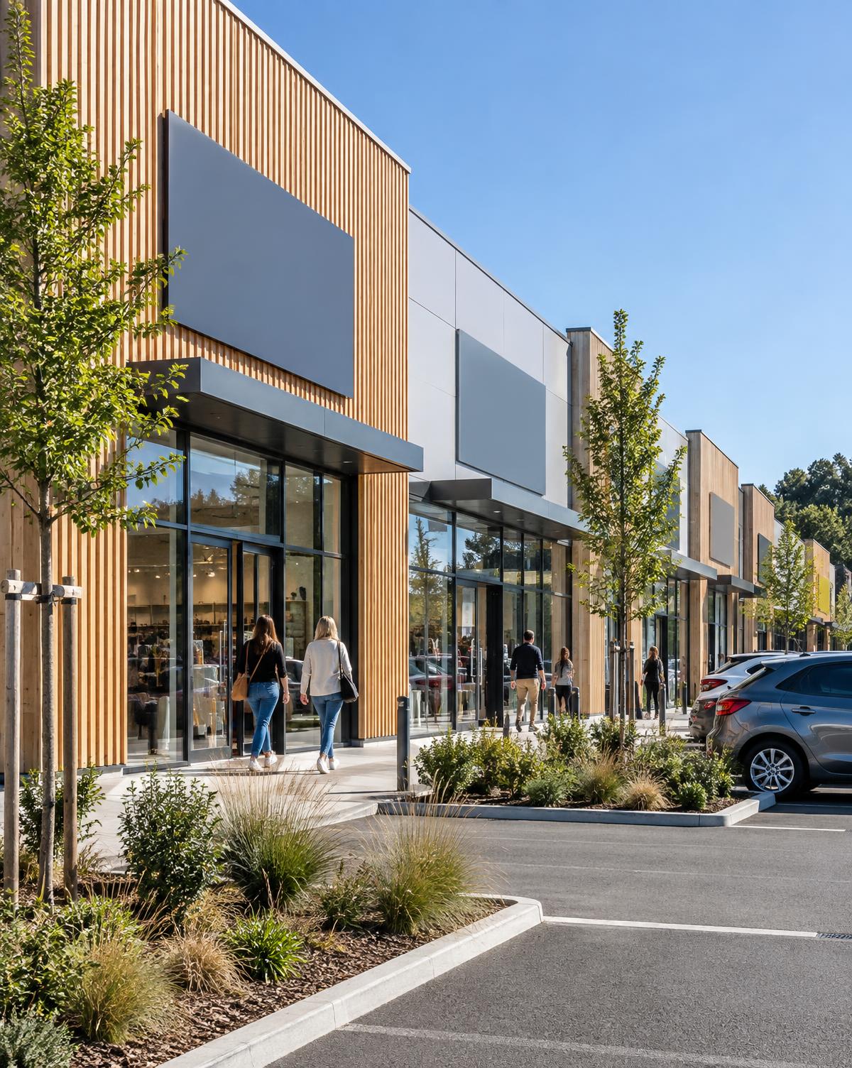 Retail park contemporain en bardage bois avec aménagement paysager